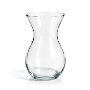 Průhledná skleněná váza s elegantním tvarem, zúženým hrdlem a stabilním dnem, výška 18 cm.