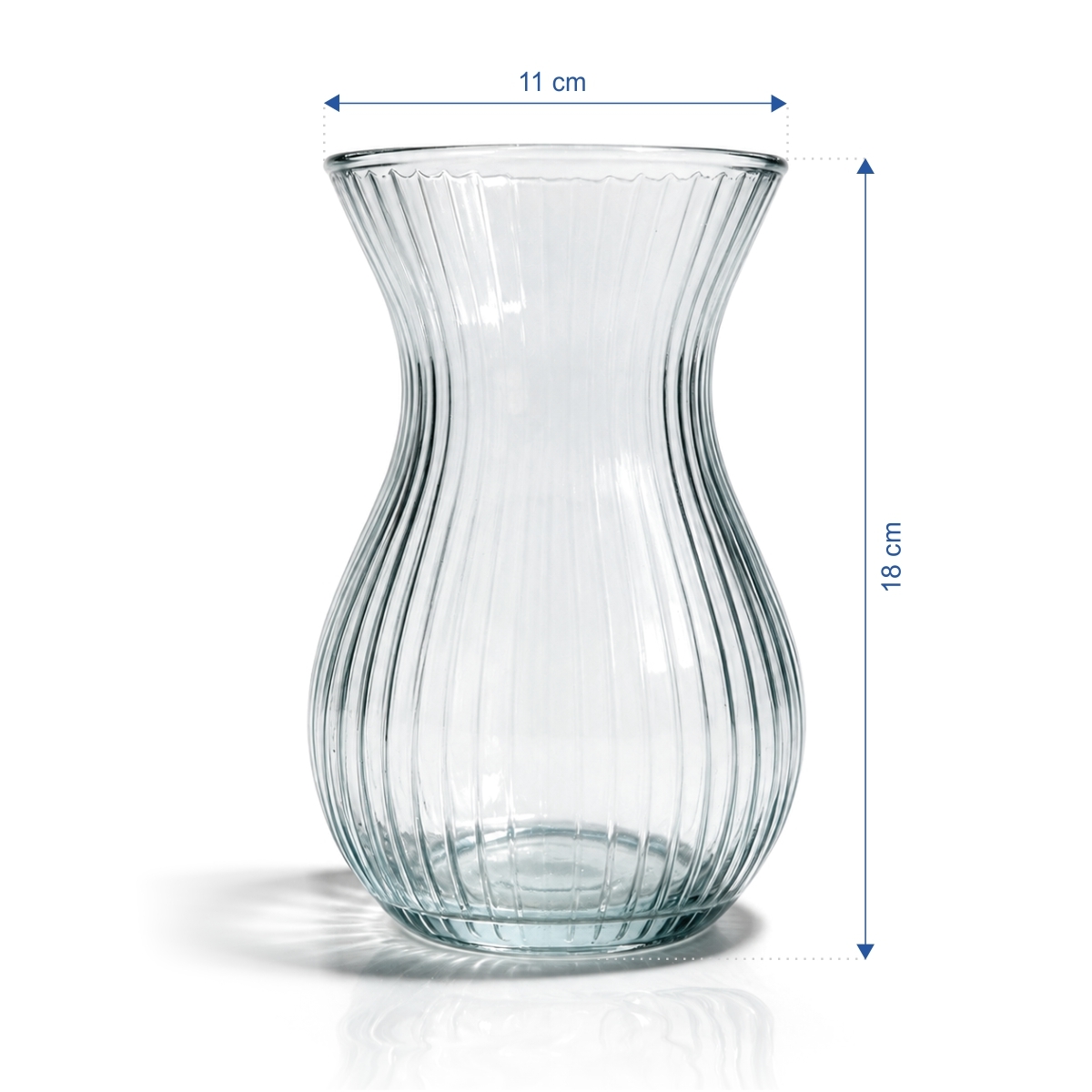 Čirá skleněná váza s žebrováním, zúženou střední částí, průměr 11 cm, výška 18 cm.