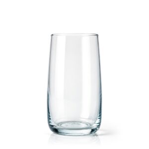 Vysoká čirá skleněná sklenice 400 ml s robustním dnem, průměr 6,9 cm.