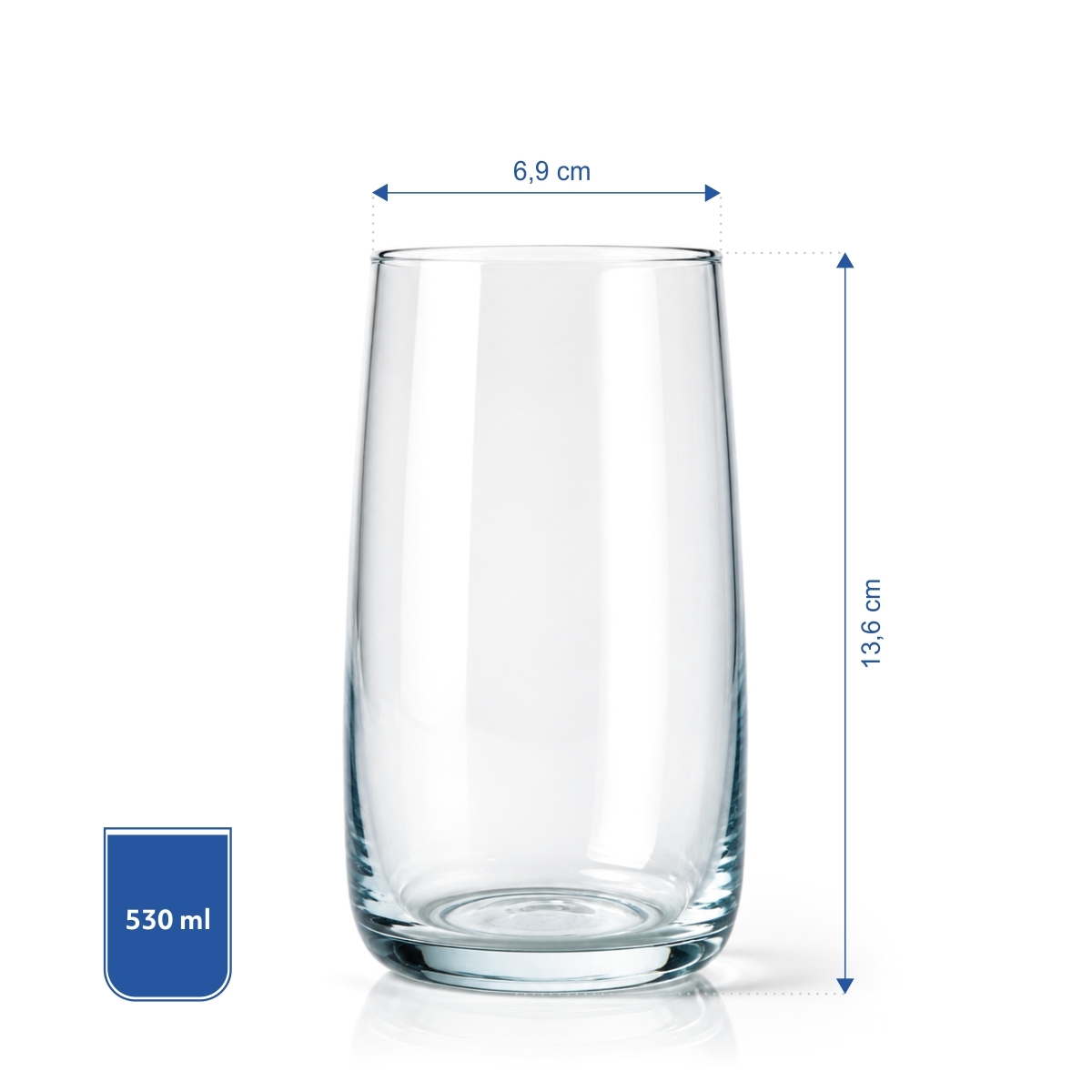 Vysoká čirá skleněná sklenice 400 ml s robustním dnem, průměr 6,9 cm.