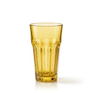 Vysoká žlutá sklenice na vodu s objemem 250 ml a reliéfním vzorem.