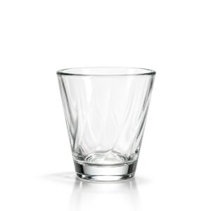 Čirý skleněný pohár s jemným točeným reliéfním vzorem a robustním dnem, 120 ml.