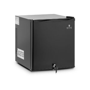 Kompaktní černý kovový minibar Royal Catering s matným povrchem, zámkem a klíči.