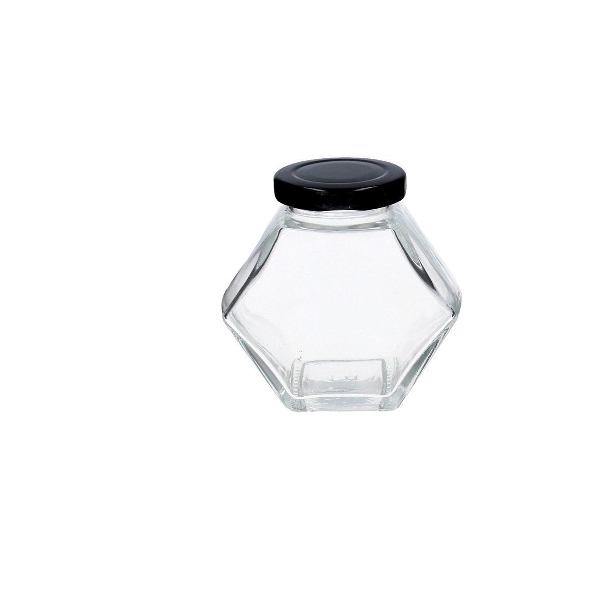 Šestihranná skleněná dóza 100 ml s černým víčkem na zavařování nebo skladování.