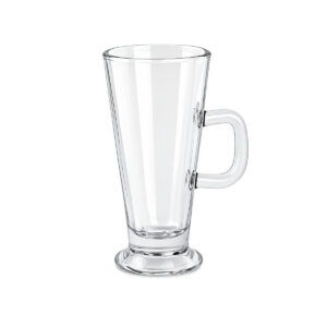 Průhledný skleněný hrnek na latte macchiato s uchem a podstavcem, 285 ml.