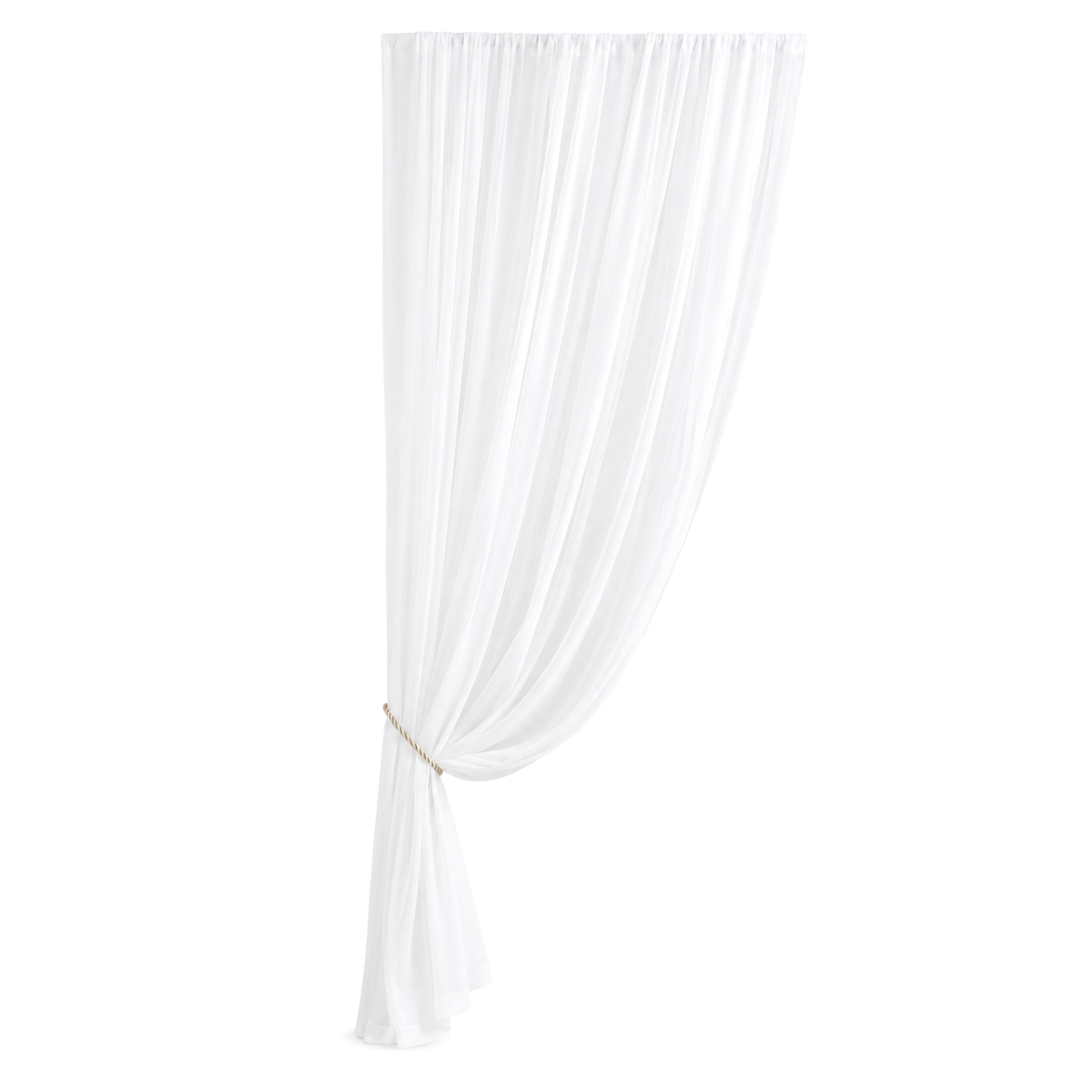 Bílá průsvitná polyesterová záclona, elegantně stažená ozdobnou šňůrou, 150x600 cm.