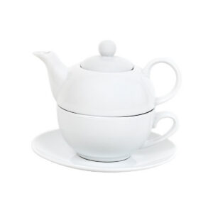 Bílý porcelánový čajový set s konvičkou (390 ml), šálkem (270 ml) a podšálkem.