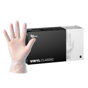 Průhledné jednorázové vinylové rukavice Vinyl Classic, nepudrované, bez latexu, velikost S, 100 ks.
