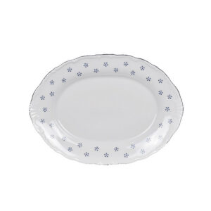 Bílý oválný porcelánový tác Valbella s modrým vzorem a vlnitým okrajem.