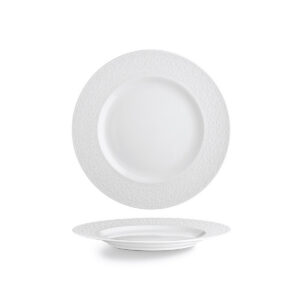Bílý mělký porcelánový talíř Stars, 26 cm, s jemným reliéfním vzorem na okraji.