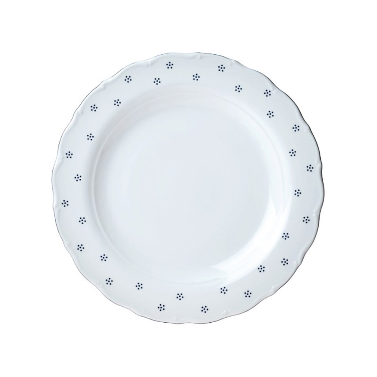 Bílý porcelánový mělký talíř Valbella s vlnitým okrajem a tmavými tečkami.