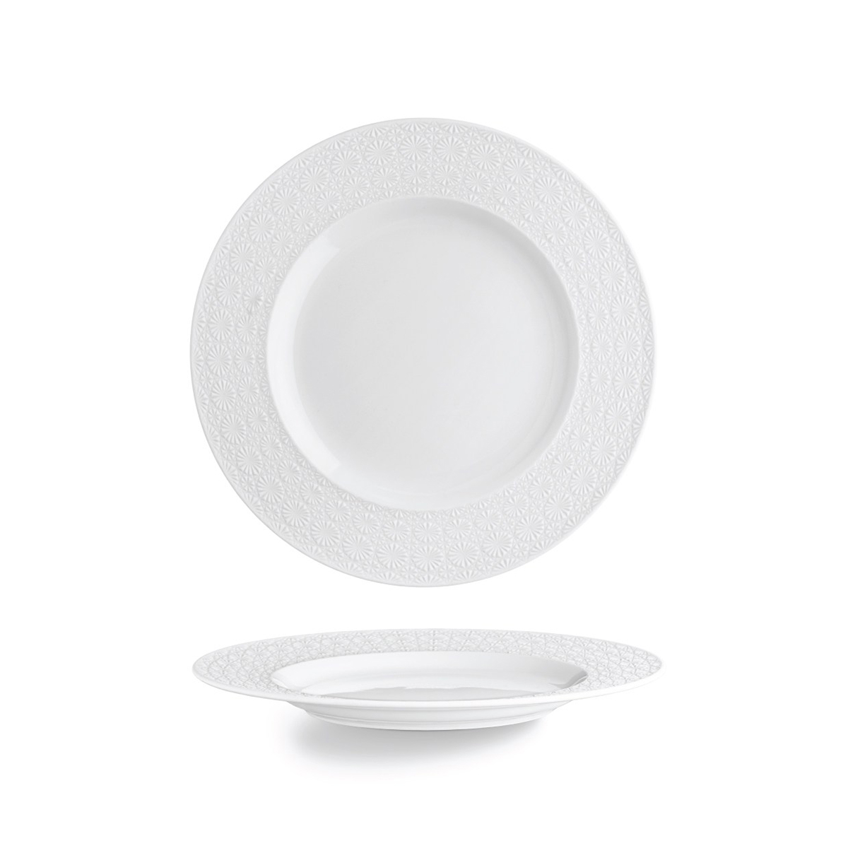 Bílý porcelánový mělký talíř Stars, 20 cm, se širokým okrajem a reliéfním vzorem.