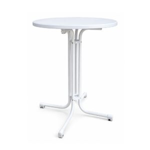 Bílý kulatý skládací barový stůl s kovovou konstrukcí a sklopnou deskou Ø 80 cm.