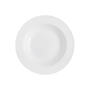 Bílý kulatý hluboký talíř Bistro z porcelánu, průměr 23,5 cm, se širokým okrajem.