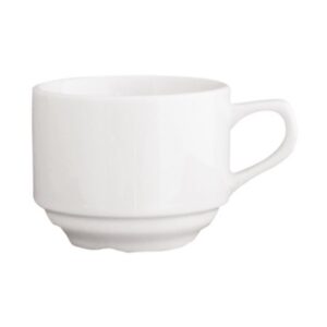 Bílá silnostěnná porcelánová šálka na kávu Hotel, 185 ml, stohovatelná.