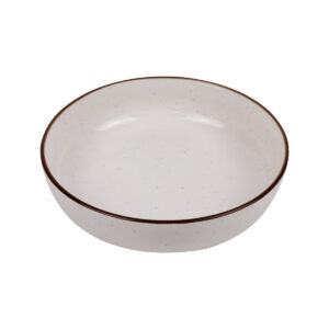 Hluboký porcelánový talíř Future Vanilla, 20 cm, s hnědým okrajem a jemným tečkováním.
