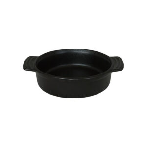 Kulatá černá porcelánová zapékací miska s imitací litiny, 220 ml, se dvěma uchy.