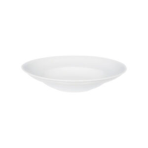 Bílý kulatý porcelánový talíř s prohloubeným středem a širokým okrajem, průměr 27 cm.