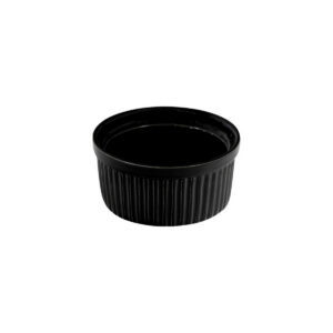 Kulatá černá zapékací miska z porcelánu s žebrovanými stěnami, průměr 9 cm.