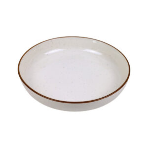 Polohluboký porcelánový talíř Future Vanilla, 24 cm, s tečkami a hnědým okrajem.